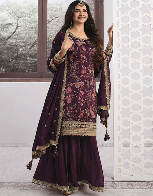 Trendy Traditional Party Wear Salwar Suit Purple Georgette Palazzo Straight Front View